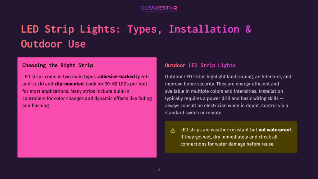 Led Strip Lights: Types, Installation &Amp; Outdoor Use. Image Displays Two Columns: &Quot;Choosing The Right Strip&Quot; With Text About Adhesive-Backed And Clip-Mounted Led Strips, And &Quot;Outdoor Led Strip Lights&Quot; With Text About Their Benefits And Weather Resistance.