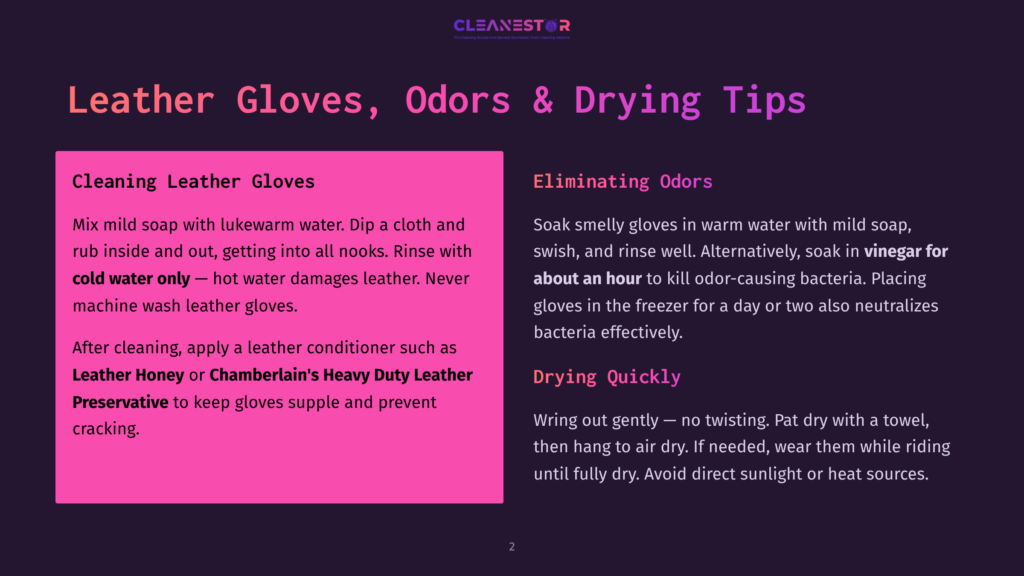 2 Leather Gloves Odors And Drying Tips Text Overlay On A Dark Background Reads &Quot;Cleanestor: Pro Cleaning Services And Innovative Solutions For Cleaning Solutions&Quot; And &Quot;Leather Gloves, Odors &Amp; Drying Tips&Quot;. Sections Detail Cleaning And Odor Elimination For Leather Gloves.