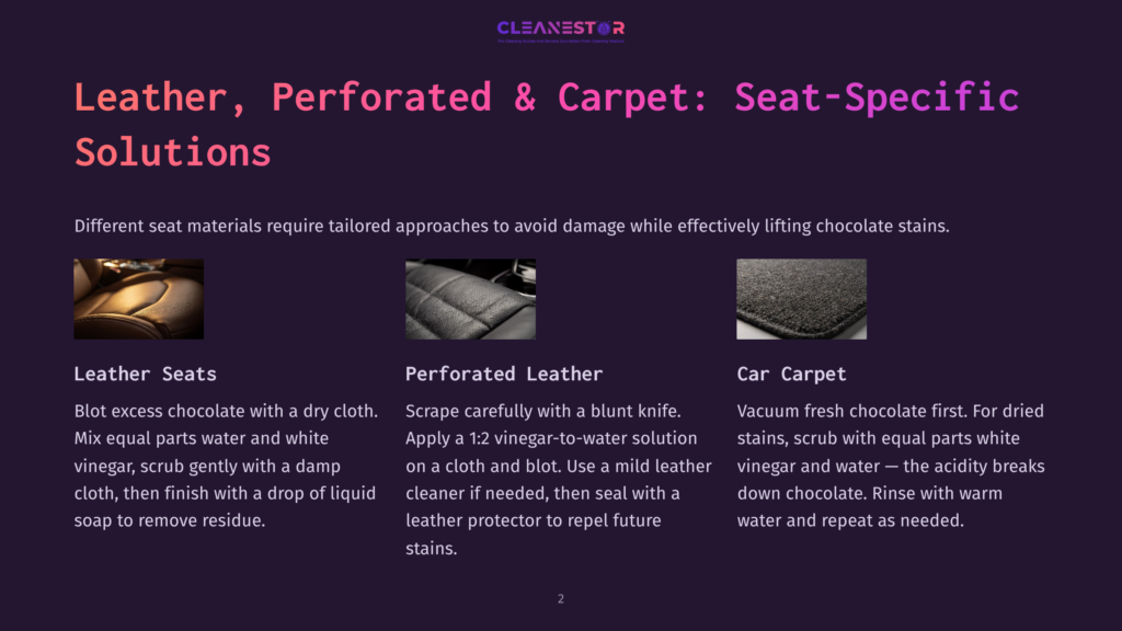 Three Close-Up Images Showcase Different Car Interior Materials: Perforated Leather Seats, A Textured Car Carpet, And A Leather Car Seat With A Chocolate Stain, Illustrating Cleaning Solutions For Leather, Perforated Leather, And Carpet.