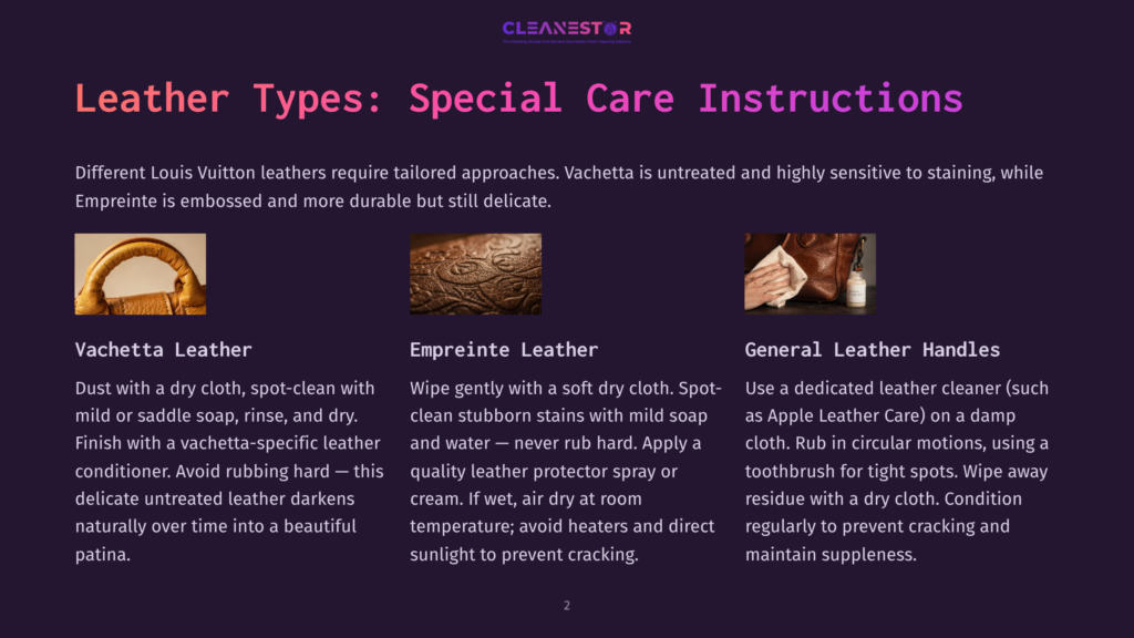 Leather Types: Vachetta, Empreinte, And General Leather Handles. Images Show Close-Ups Of Different Leather Textures And A Handbag Handle, With Text Detailing Care Instructions.