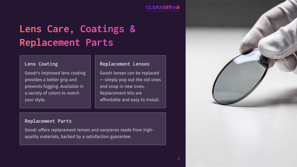 A Gloved Hand Holds A Grey Replacement Sunglass Lens With A Silver Rim, Against A Dark Background With Text About Lens Coating And Replacement Parts.