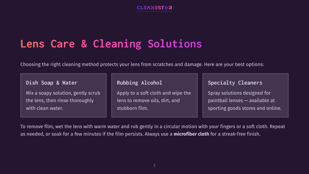 Cleanestor Logo At The Top. The Image Displays Three Cleaning Solutions For Lenses: Dish Soap &Amp; Water, Rubbing Alcohol, And Specialty Cleaners. Text Explains How To Use Each For Lens Care And Cleaning.
