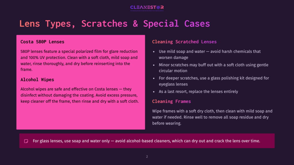 Costa 580P Lenses And Alcohol Wipes Described On A Dark Purple Background With &Quot;Cleanestor&Quot; Logo At The Top. Cleaning Scratched Lenses And Cleaning Frames Sections Are Also Visible.