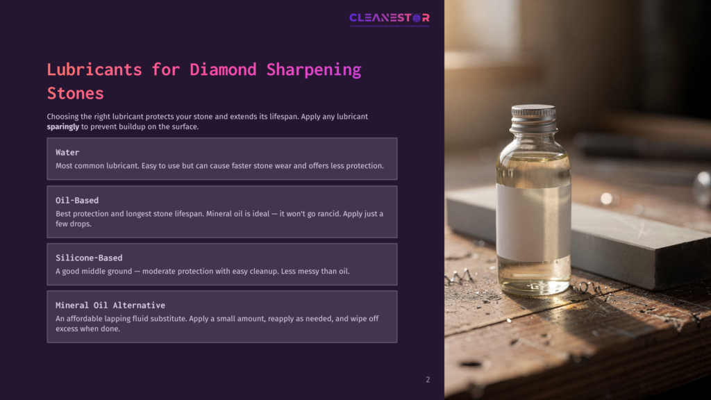 2 Lubricants For Diamond Sharpening Stones Bottle Of Mineral Oil Next To A Diamond Sharpening Stone On A Rustic Wooden Surface, With Text Overlay About Lubricants For Diamond Sharpening Stones.