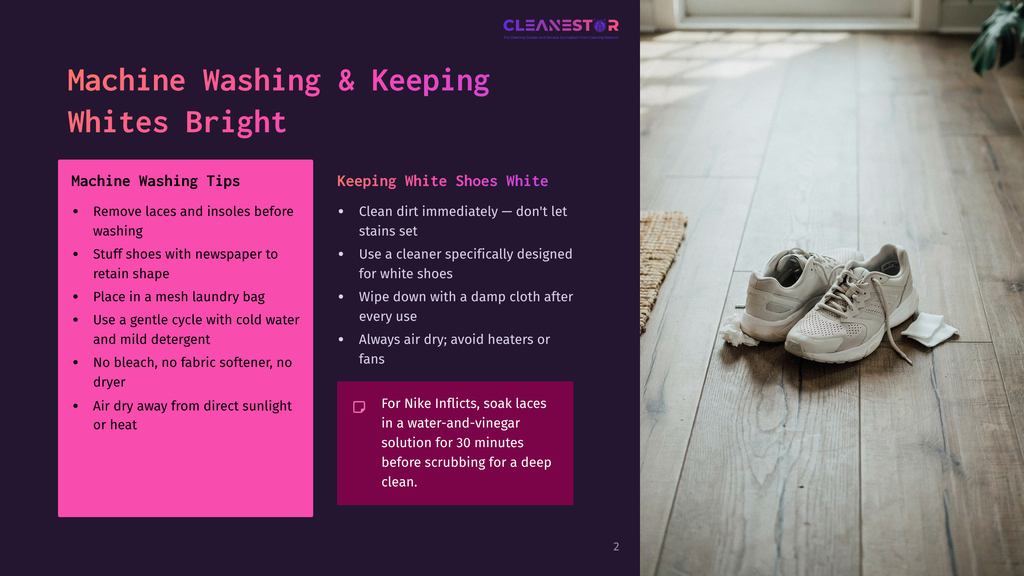 Close-Up Of Two White Sneakers Resting On A Wooden Floor Next To A Piece Of White Fabric And A Small White Object. Text On The Left Details Machine Washing Tips For Keeping Whites Bright.