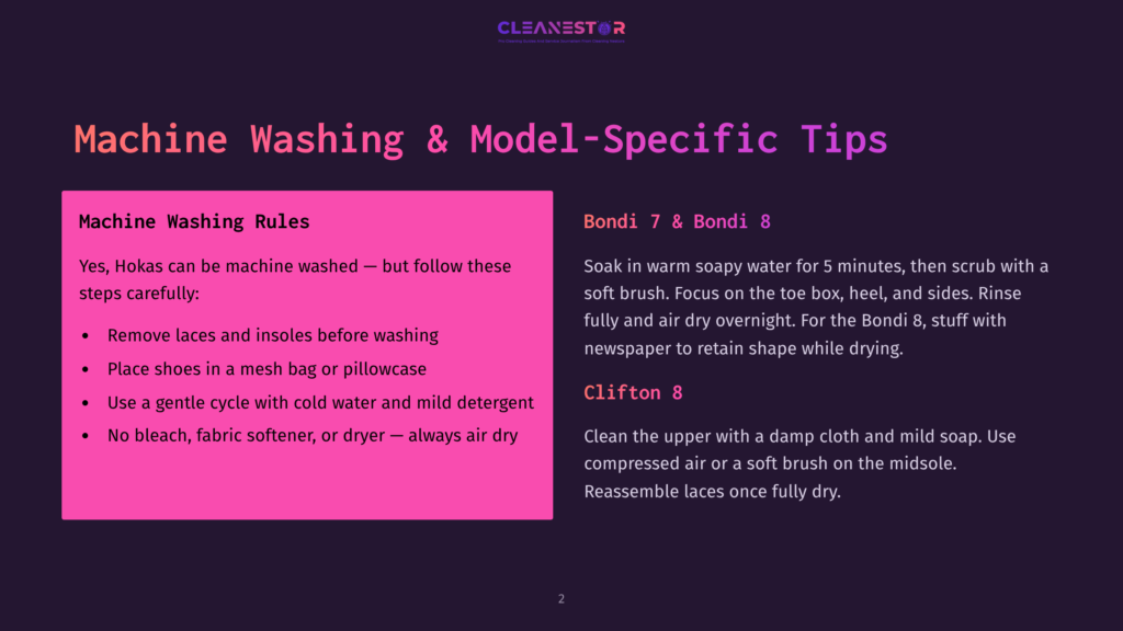 Slide Titled &Quot;Machine Washing &Amp; Model-Specific Tips&Quot; With Instructions For Washing Hoka Shoes, Including Removing Laces And Insoles, And Specific Advice For Bondi 7 &Amp; Bondi 8 And Clifton 8 Models.