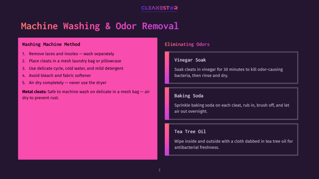 2 Machine Washing And Odor Removal 1 Infographic Detailing Machine Washing And Odor Removal For Cleats, Including Steps For Washing And Methods Like Vinegar Soak, Baking Soda, And Tea Tree Oil For Eliminating Odors.