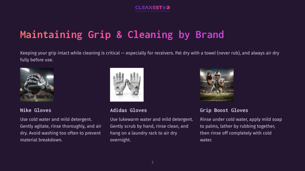 Nike Gloves, Adidas Gloves, And Grip Boost Gloves Are Displayed With Instructions On How To Clean Them To Maintain Grip.