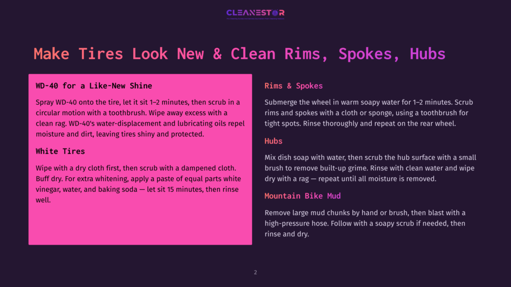 A Dark Purple Background With A Light Purple Gradient At The Top, Featuring The Text &Quot;Cleanestor&Quot; In White. Below This, Instructions For Cleaning Tires, Rims, Spokes, And Hubs Are Displayed In White Text On The Dark Purple Background, Separated Into Two Columns Under The Headings &Quot;Make Tires Look New &Amp; Clean Rims, Spokes, Hubs&Quot;.