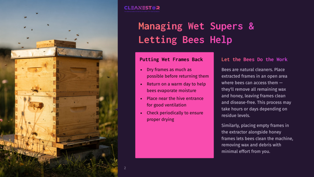 Two Wooden Beehives Are Stacked Outdoors In A Field With Bees Flying Around Them. Text On The Right Reads &Quot;Managing Wet Supers &Amp; Letting Bees Help&Quot;.