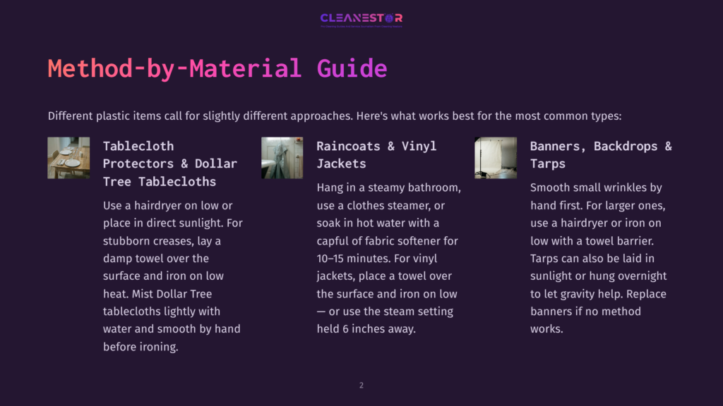 2 Method By Material Guide Cleaning Guide: Tablecloth Protectors, Raincoats &Amp; Vinyl Jackets, And Banners &Amp; Tarps Are Shown With Cleaning Instructions.