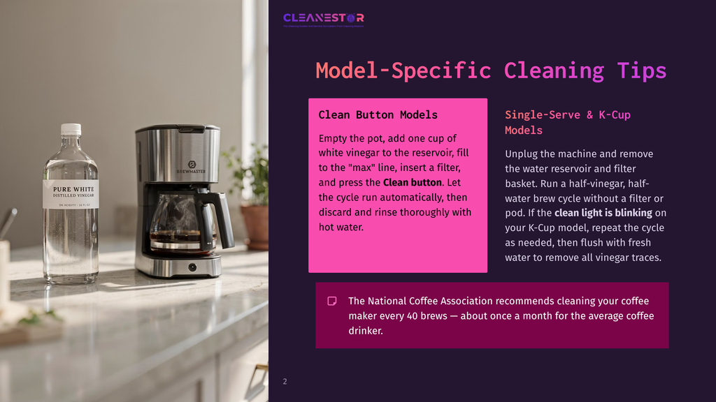 2 Model Specific Cleaning Tips 2 A Bottle Of Brewmaster Distilled Vinegar Sits On A Kitchen Counter Next To A Coffee Maker, With Cleaning Tips For Single-Serve And K-Cup Models Displayed On A Pink Card.