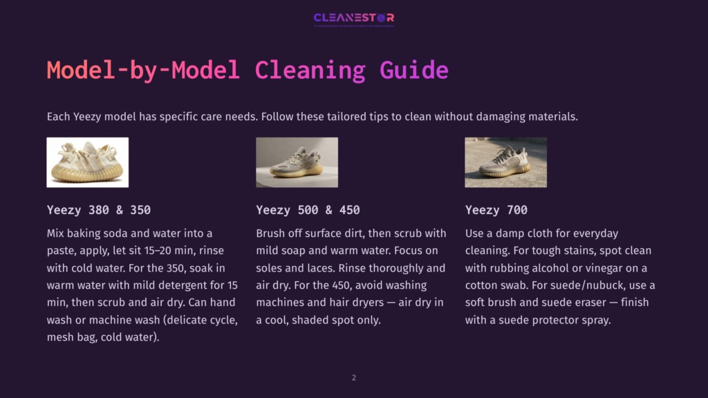 Yeezy 380 &Amp; 350 Sneakers, Yeezy 500 &Amp; 450 Sneakers, And Yeezy 700 Sneakers, Shown In A Cleaning Guide.