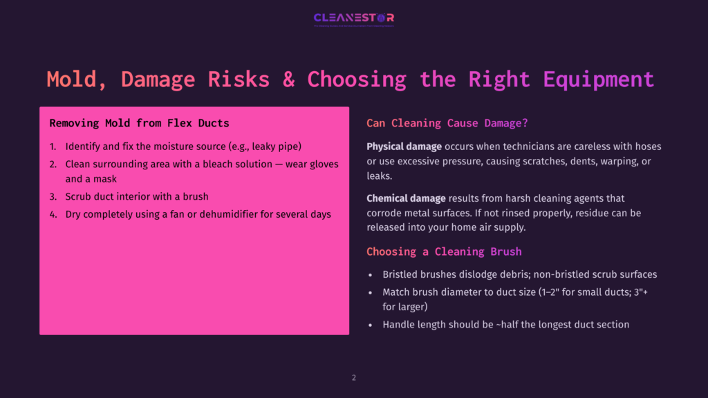 2 Mold Damage Risks And Choosing The Right Equipment A Slide Titled &Quot;Mold, Damage Risks &Amp; Choosing The Right Equipment&Quot; From A Presentation, With Two Columns Detailing &Quot;Removing Mold From Flex Ducts&Quot; And &Quot;Can Cleaning Cause Damage?&Quot;.