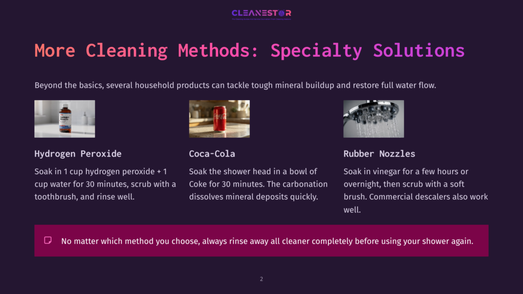 2 More Cleaning Methods Specialty Solutions Three Cleaning Solutions For Shower Heads: Hydrogen Peroxide In A Bottle, A Can Of Coca-Cola, And A Shower Head With Rubber Nozzles, With Text Detailing Each Method.