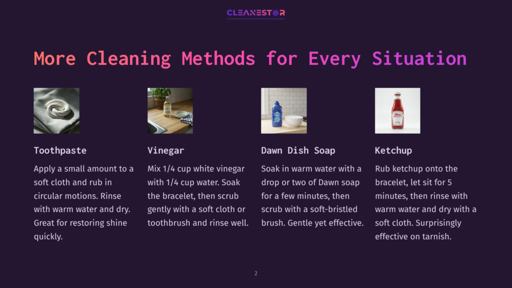 A Graphic Displaying Five Cleaning Methods: Toothpaste, Vinegar, Dawn Dish Soap, Ketchup, And A Section Titled &Quot;More Cleaning Methods For Every Situation&Quot; With The Cleanestor Logo.