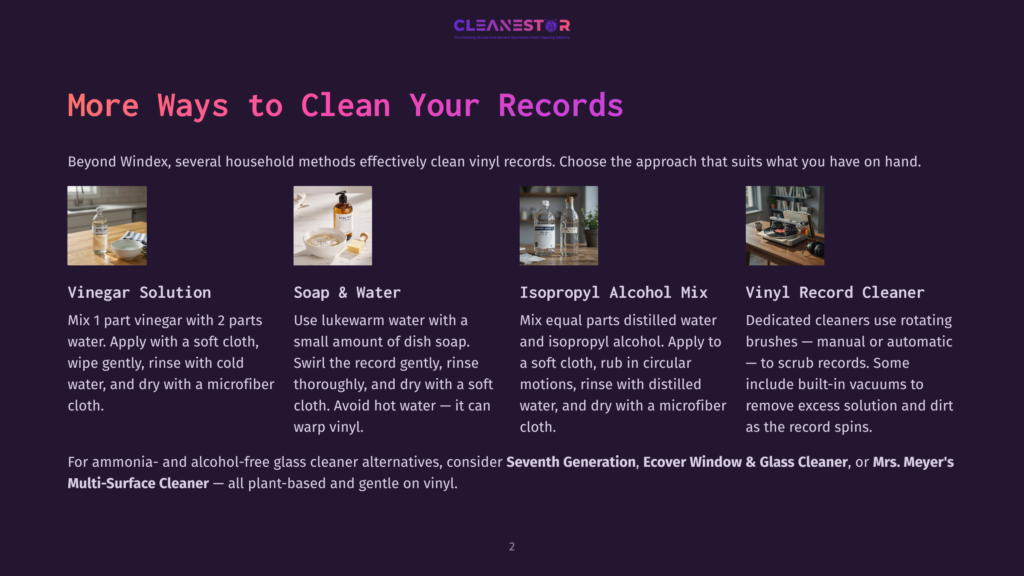 2 More Ways To Clean Your Records Four Images Show Methods For Cleaning Vinyl Records: A Bottle Of Windex, Dish Soap, Isopropyl Alcohol, And A Record Cleaning Machine.