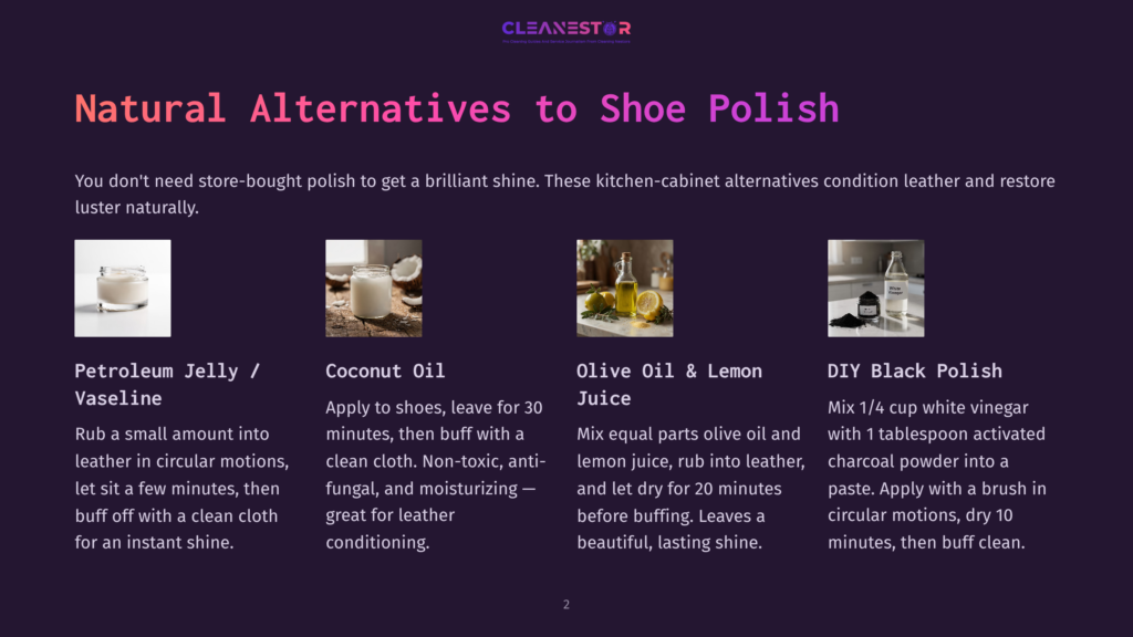 2 Natural Alternatives To Shoe Polish Four Jars And Bottles Showcase Natural Shoe Polish Alternatives: Petroleum Jelly, Coconut Oil, Olive Oil With Lemon, And Diy Black Polish With Vinegar And Charcoal Powder.
