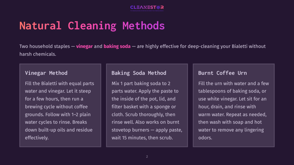 2 Natural Cleaning Methods Natural Cleaning Methods For Bialetti: Vinegar Method, Baking Soda Method, And Burnt Coffee Urn Cleaning With Text Descriptions.