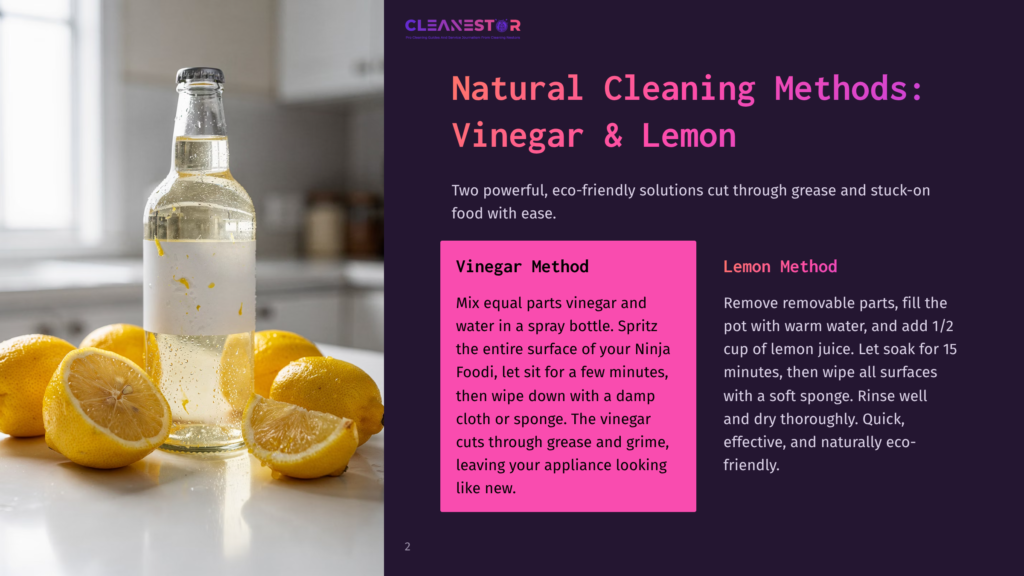 A Glass Bottle Of Clear Liquid With A Yellow Label Sits On A Counter Next To Lemons And Limes, With Text Overlay About Natural Cleaning Methods Using Vinegar And Lemon.