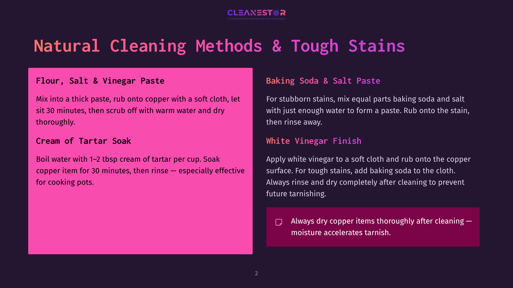 2 Natural Cleaning Methods And Tough Stains Natural Cleaning Methods For Tough Stains, Including Flour, Salt, Vinegar Paste, And Baking Soda Paste. The Graphic Also Details Cream Of Tartar And White Vinegar Methods.