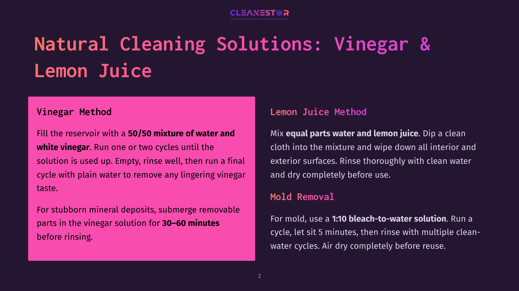 A Dark Background With A Pink Section On The Left Detailing &Quot;Vinegar Method&Quot; Cleaning Solutions With Text And A Purple Section On The Right Detailing &Quot;Lemon Juice Method&Quot; Cleaning Solutions With Text.