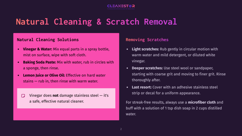 2 Natural Cleaning And Scratch Removal Cleanestor Infographic Titled &Quot;Natural Cleaning &Amp; Scratch Removal&Quot; Detailing Solutions For Vinegar &Amp; Water, Baking Soda Paste, Lemon Juice, And Scratch Removal With Microfiber Cloth.