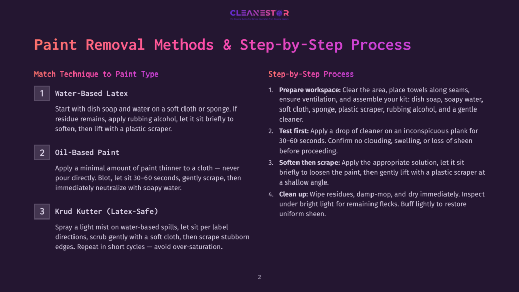 Infographic Detailing Paint Removal Methods: Water-Based Latex, Oil-Based Paint, And Krud Kutter (Latex-Safe), With Step-By-Step Cleaning Instructions.