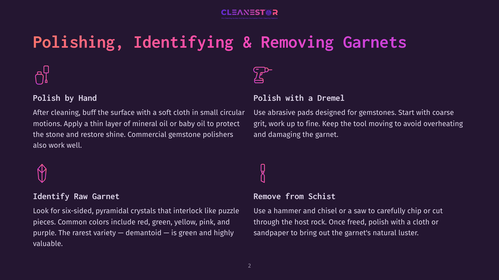A Dark Purple Background With Four Sections Detailing How To Polish, Identify, And Remove Garnets. Each Section Has An Icon And Text. Top Left: Icon Of A Hand Holding A Gemstone, Text &Quot;Polish By Hand&Quot;. Top Right: Icon Of A Drill, Text &Quot;Polish With A Dremel&Quot;. Bottom Left: Icon Of A Crystal, Text &Quot;Identify Raw Garnet&Quot;. Bottom Right: Icon Of A Hammer And Chisel, Text &Quot;Remove From Schist&Quot;.