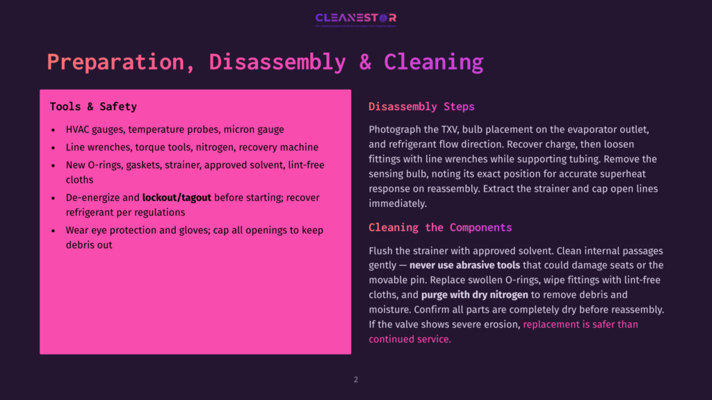 2 Preparation Disassembly And Cleaning Pink Slide With Text: &Quot;Preparation, Disassembly &Amp; Cleaning&Quot; And &Quot;Tools &Amp; Safety&Quot; List Including Hvac Gauges, Torque Tools, And Safety Precautions. Right Side Has &Quot;Disassembly Steps&Quot; With Instructions For Evaporator Outlet And Refrigerant Flow Direction.