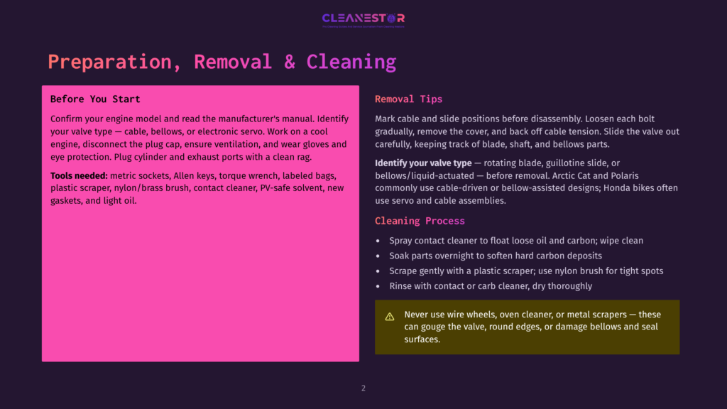 Cleanestor Logo With Text &Quot;Preparation, Removal &Amp; Cleaning&Quot; And &Quot;Before You Start&Quot; And &Quot;Cleaning Process&Quot; Sections With Bullet Points And Tips For Engine Preparation And Cleaning.