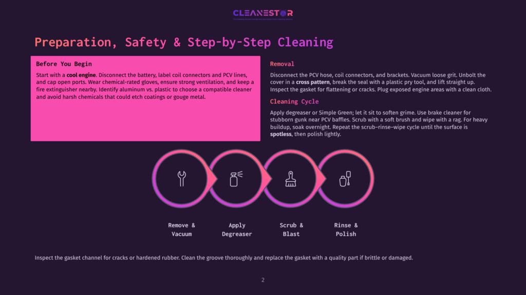 Infographic Detailing The Steps For Cleaning A Car'S Pcv Valve System, Including Preparation, Safety, Removal, Cleaning Cycle, And Rinse &Amp; Polish, With Icons Representing Each Stage.