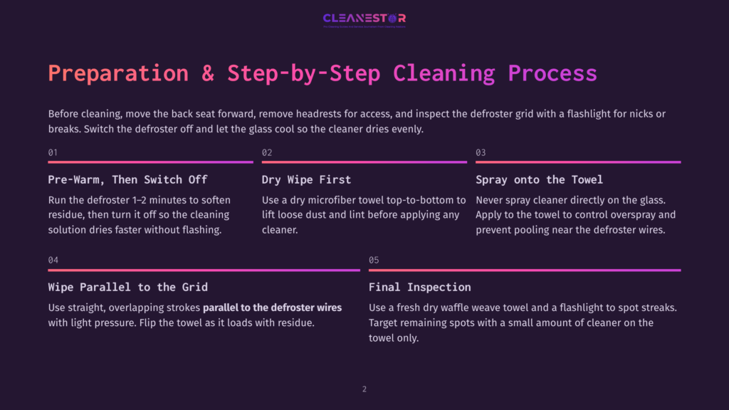 Infographic Detailing The 5-Step Car Interior Cleaning Process: Preparation &Amp; Step-By-Step Cleaning Process, Pre-Warm, Dry Wipe First, Spray Onto Towel, Wipe Parallel To The Grid, Final Inspection.