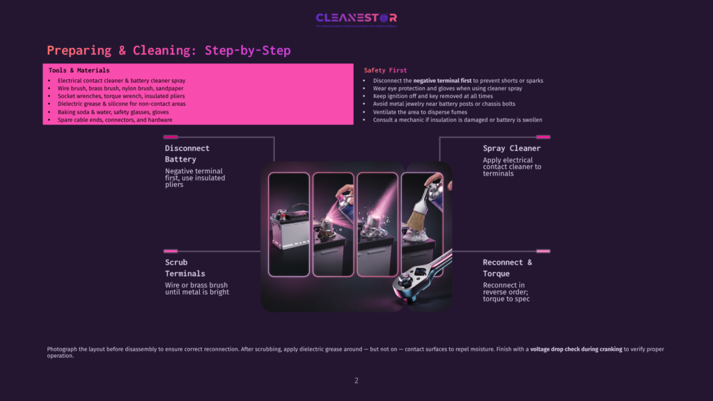 Diagram Showing How To Disconnect And Spray Clean A Car Battery, With Steps For Preparing, Disconnecting, Scrubbing Terminals, Spraying Cleaner, And Reconnecting.
