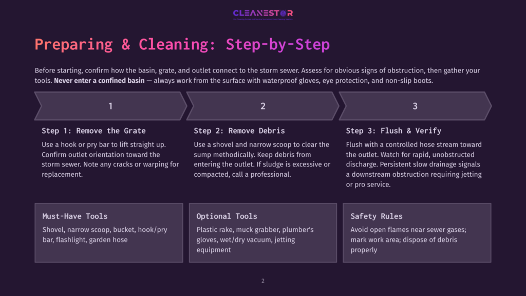 Infographic Detailing The Three-Step Process For Preparing And Cleaning Storm Drains: Step 1: Remove The Grate, Step 2: Remove Debris, Step 3: Flush &Amp; Verify. Includes Sections For Must-Have Tools And Optional Tools.