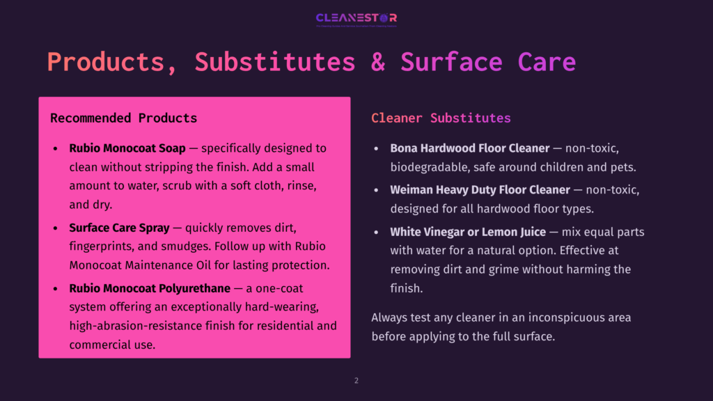 2 Products Substitutes And Surface Care Dark Purple Background With A Pink Rectangle On The Left Listing Recommended Products Like Rubio Monocoat Soap And Bona Hardwood Floor Cleaner. Text Reads &Quot;Products, Substitutes &Amp; Surface Care&Quot; And &Quot;Cleaner Substitutes&Quot;.