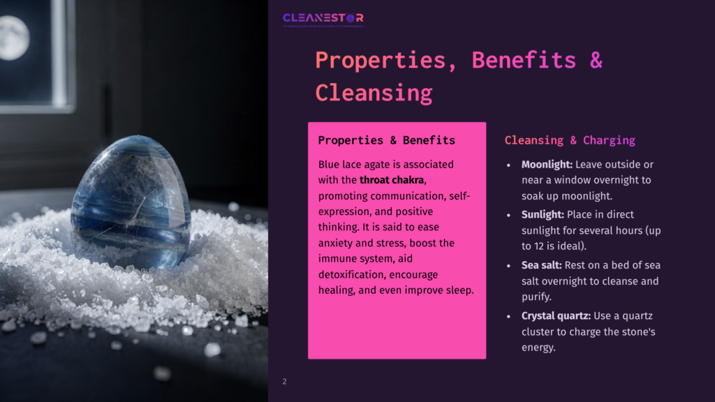 A Blue Lace Agate Crystal Rests On A Bed Of Coarse White Salt, Illuminated By Moonlight. The Image Is Part Of A Presentation On Crystal Properties, Benefits, And Cleansing, With Text Visible On The Right.