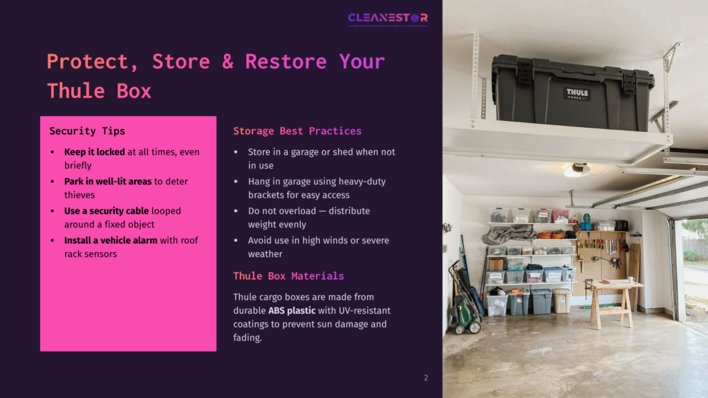 A Cluttered Garage With Storage Shelves, Tools, And A Large Black Thule Cargo Box Mounted Overhead. Text On The Left Provides Security And Storage Tips For A Thule Box.