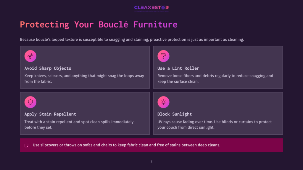 Protecting Your Bouclé Furniture: Avoid Sharp Objects, Use A Lint Roller, Apply Stain Repellent, And Block Sunlight To Maintain Your Furniture'S Texture.