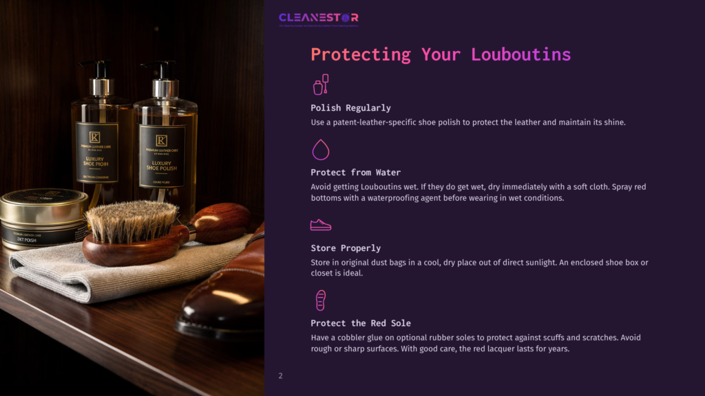 Luxury Leather Shoe Care Products Including Polish, Cream, And A Brush, Alongside A Polished Brown Leather Shoe, Suggesting Professional Shoe Cleaning And Maintenance.