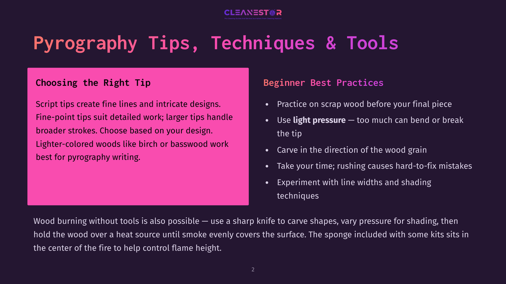 2 Pyrography Tips Techniques And Tools Slide On &Quot;Pyrography Tips, Techniques &Amp; Tools&Quot; With Beginner Best Practices For Wood Burning, Including Using Light Pressure And Carving. The Text Also Mentions Choosing The Right Tip For Fine Lines And Intricate Designs.