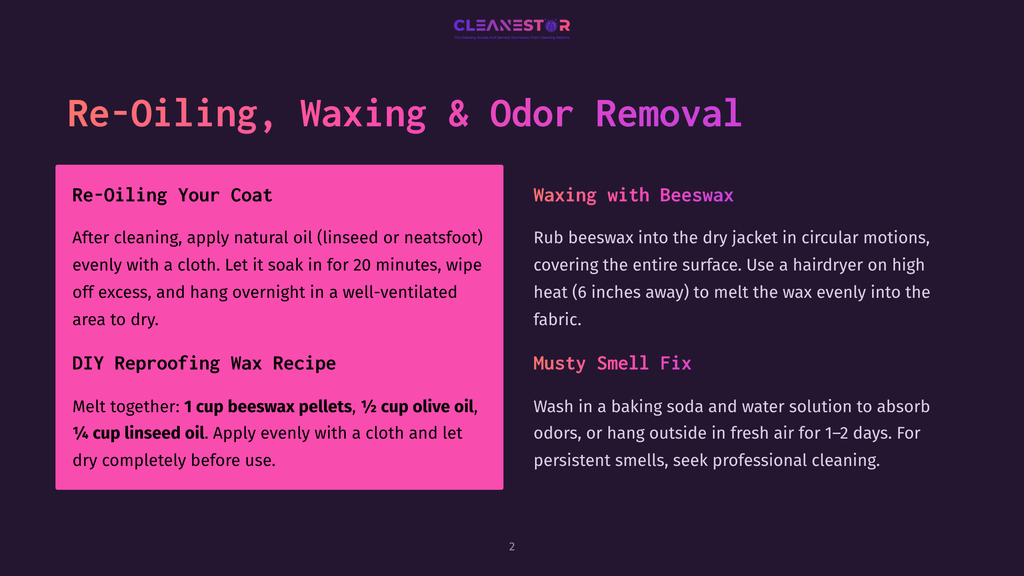 Cleanestor Logo Above Text Detailing &Quot;Re-Oiling, Waxing &Amp; Odor Removal&Quot; For Cleaning Services, With Sections On Re-Oiling Coats, Diy Reproofing, And Waxing With Beeswax.