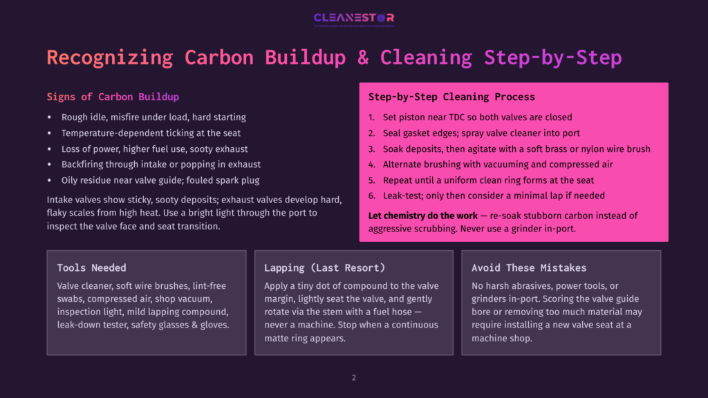 Recognizing Carbon Buildup &Amp; Cleaning Step-By-Step Guide On A Purple Background. Sections Include &Quot;Signs Of Carbon Buildup,&Quot; &Quot;Tools Needed,&Quot; &Quot;Lapping (Last Resort),&Quot; &Quot;Step-By-Step Cleaning Process,&Quot; And &Quot;Avoid These Mistakes.