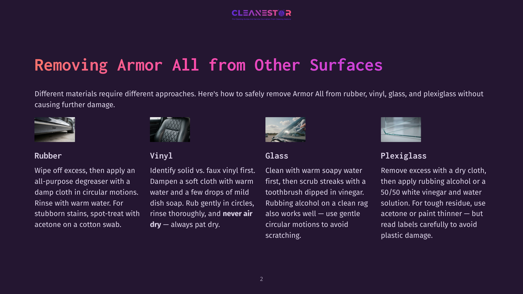 Four Images Demonstrate How To Remove Armor All From Different Surfaces: Rubber, Vinyl, Glass, And Plexiglass, With Text Instructions.