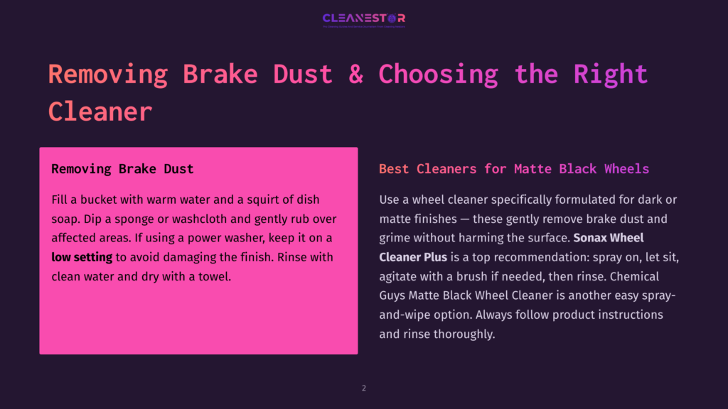 Removing Brake Dust And Choosing The Right Cleaner For Matte Black Wheels. Text Provides Instructions For Cleaning And Recommends Sonax Wheel Cleaner Plus And Chemical Guys Matte Black Wheel Cleaner.