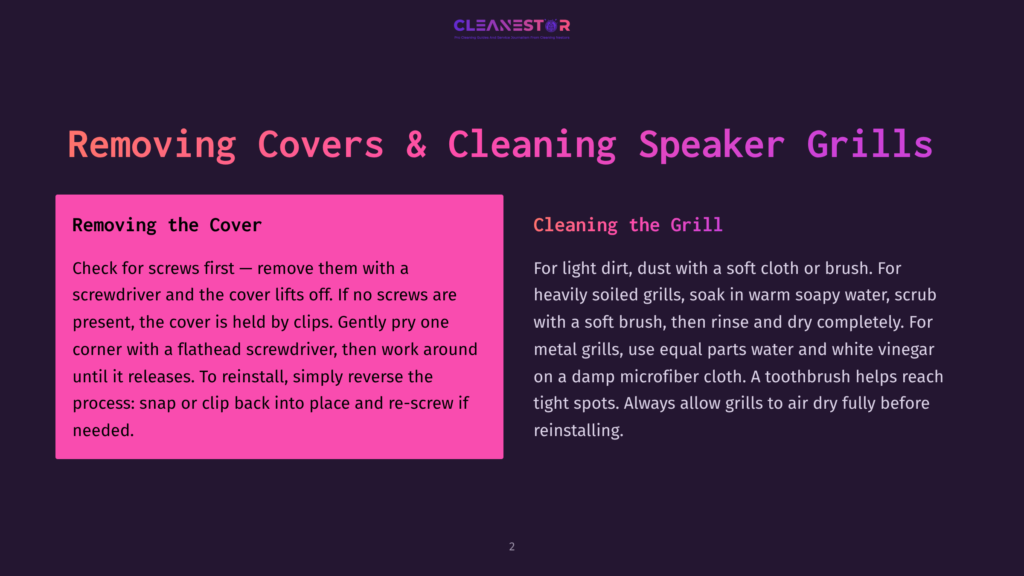Instructions For Removing Speaker Covers And Cleaning Speaker Grills: &Quot;Removing The Cover&Quot; Section Details Using A Screwdriver And Flathead Screwdriver For Removal. &Quot;Cleaning The Grill&Quot; Section Advises On Cleaning With Soapy Water And A Soft Cloth.
