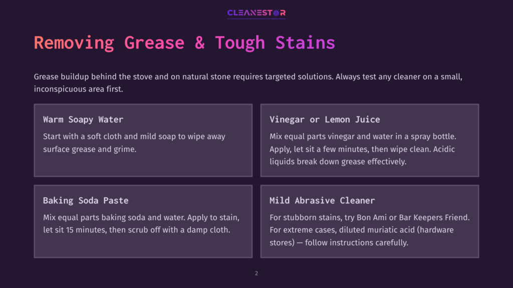 Infographic Titled &Quot;Removing Grease &Amp; Tough Stains&Quot; With Four Sections: Warm Soapy Water, Vinegar Or Lemon Juice, Baking Soda Paste, And Mild Abrasive Cleaner, Offering Cleaning Tips.