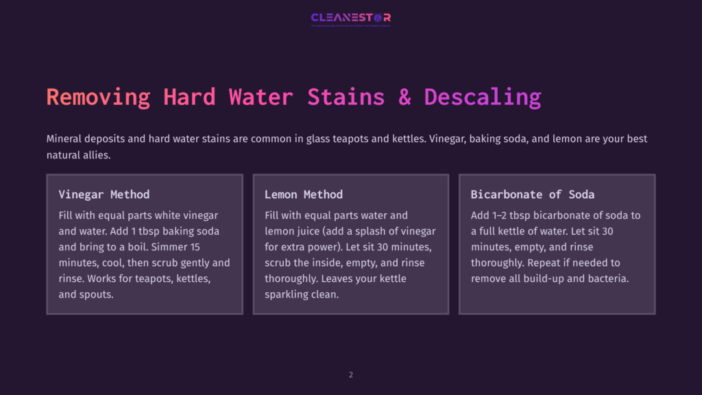 Diagram Showing Three Methods For Removing Hard Water Stains From Teapots And Kettles: Vinegar Method, Lemon Method, And Bicarbonate Of Soda Method. The Text Details The Steps For Each Cleaning Solution.