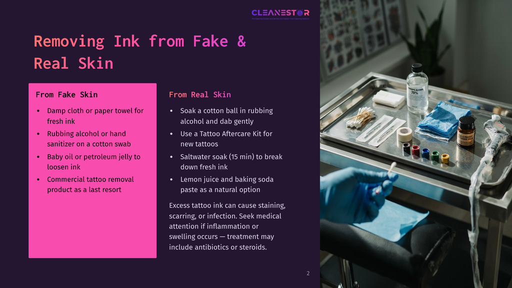 A Tattoo Artist'S Workstation With Tattoo Ink Bottles, Cotton Swabs, And A Bottle Of 70% Isopropyl Alcohol. The Text &Quot;Cleanestar&Quot; Is Visible.