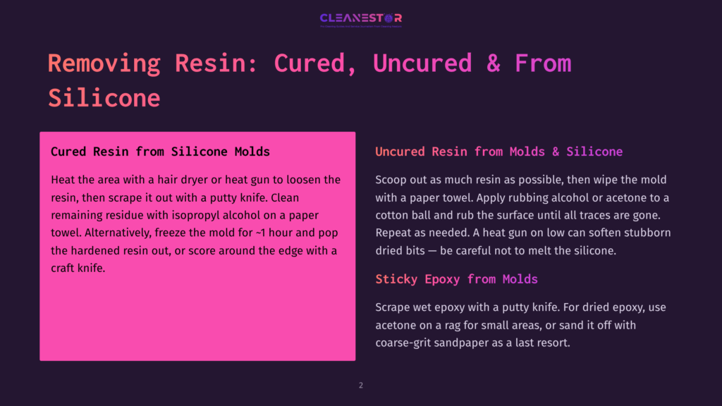2 Removing Resin Cured Uncured And From Silicone Removing Resin From Silicone Molds: A Guide With Instructions For Uncured And Cured Resin. The Image Features Purple Text On A Pink Background With Instructions For Removing Resin.